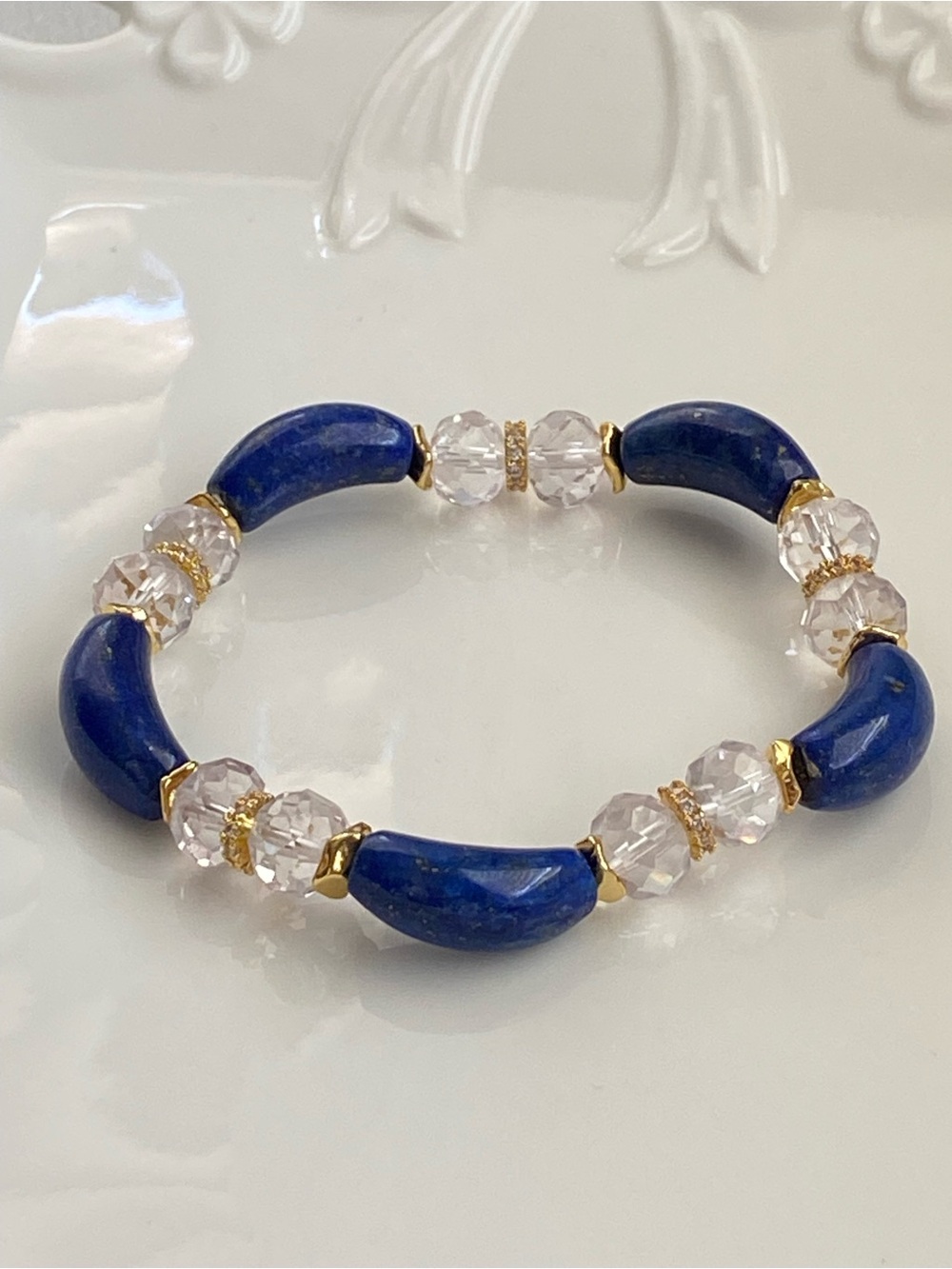 B189-Handmade High Quality Lapis And Clear Quartz Stretchable Bracelet